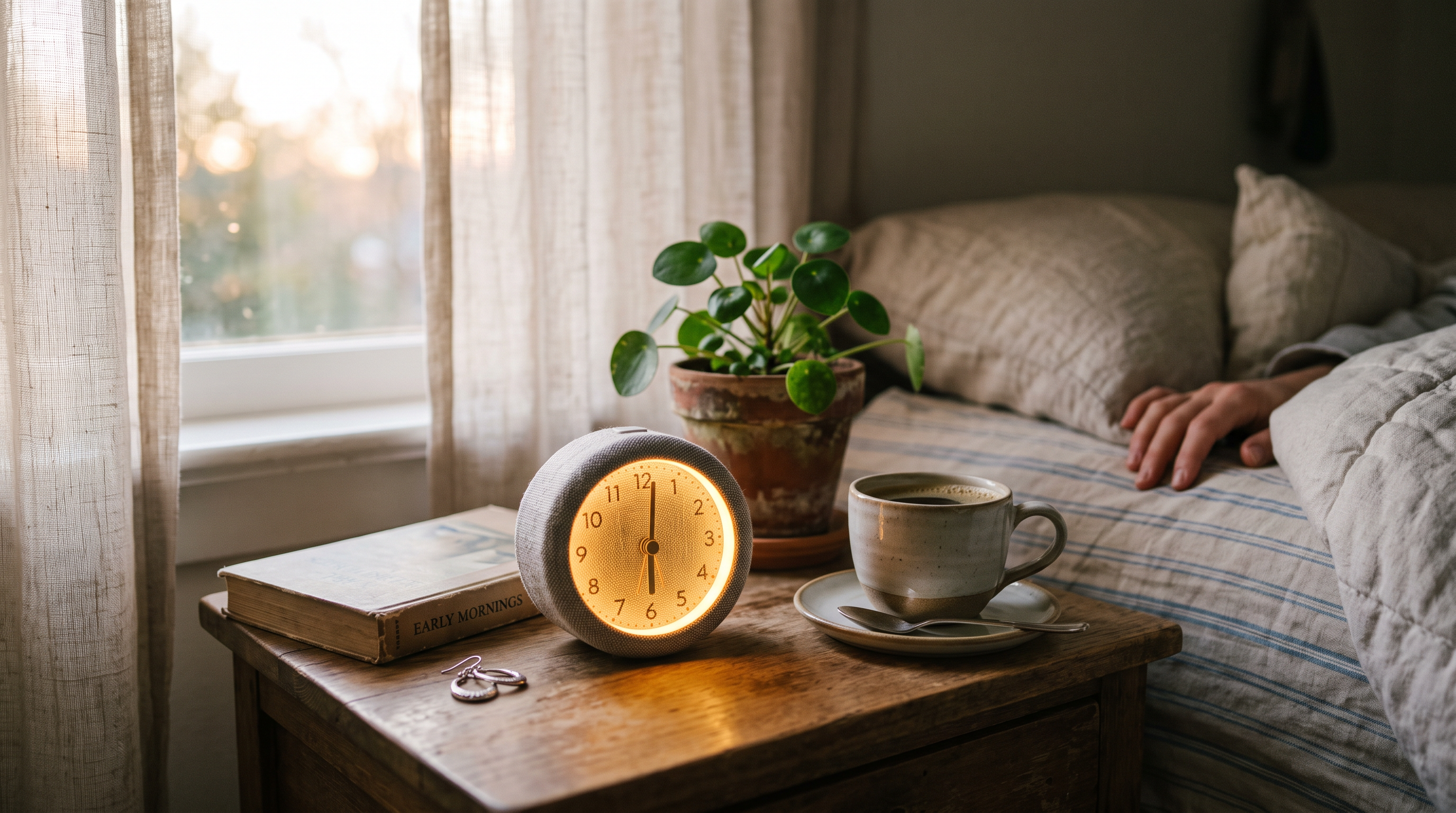 A small round fabric alarm clock glowing softly on a bedside table at dawn
