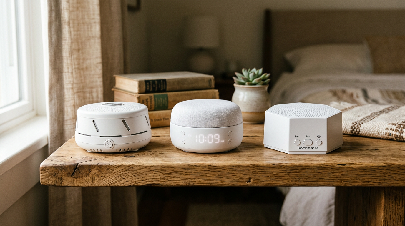 White noise machines on a wooden shelf